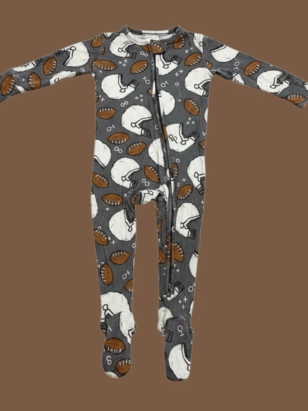 Posh Peanut Gray Football Helmet Print Footed One-Piece Pajamas